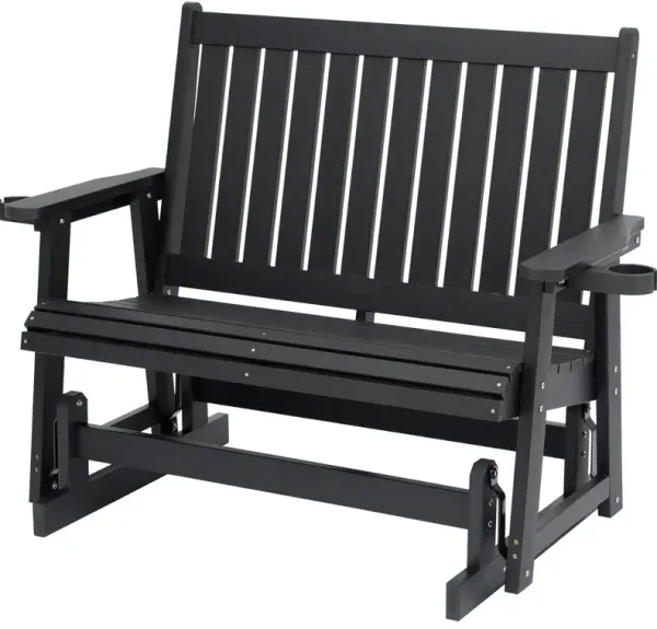 Poly Lumber Patio Glider Two Seat with Cup Holders, Durable HIPS Material, All-Weather Resistant, High Backest and Deep Contoured Seat, Heavy Duty 900 LB, for Outdoor, Porch, Patio (Carbon Black)