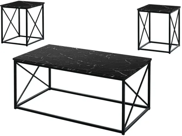 Monarch Specialties I 7954P Table Set, 3pcs Set, Coffee, End, Side, Accent, Living Room, Metal, Laminate, Black Marble Look, Contemporary, Modern