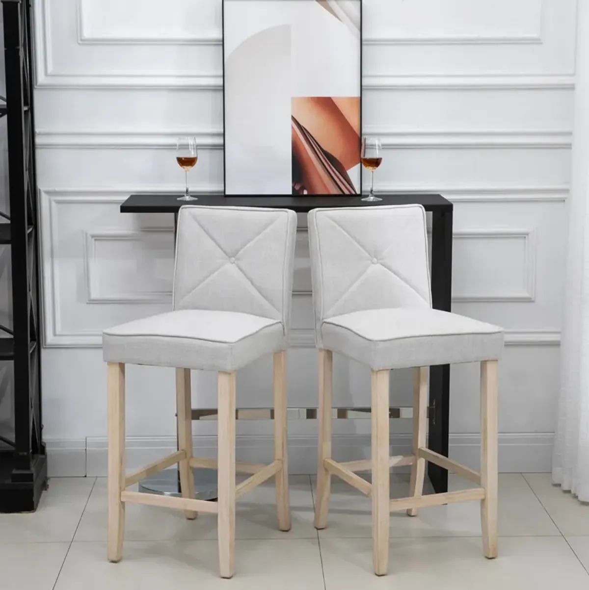 Beige Kitchen Perches: Set of 2 Upholstered Bar Stools with Wood Legs