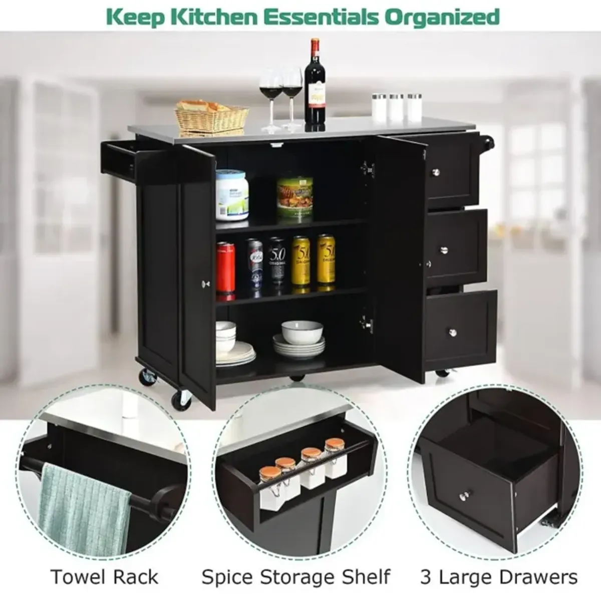 Hivvago Kitchen Island 2-Door Storage Cabinet with Drawers and Stainless Steel Top