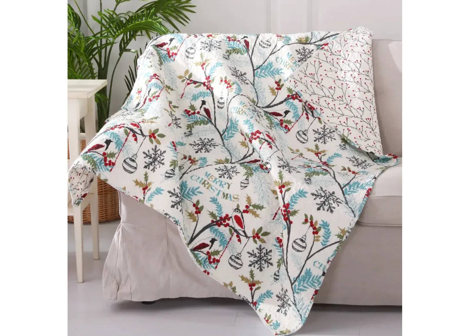 Holly Holiday Quilted Throw Blue - Levtex Home