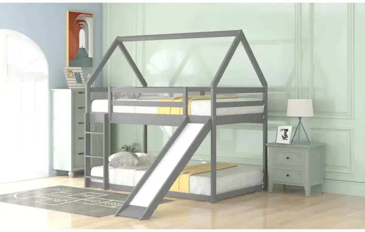 Twin Size Bunk House Bed with Slide and Ladder