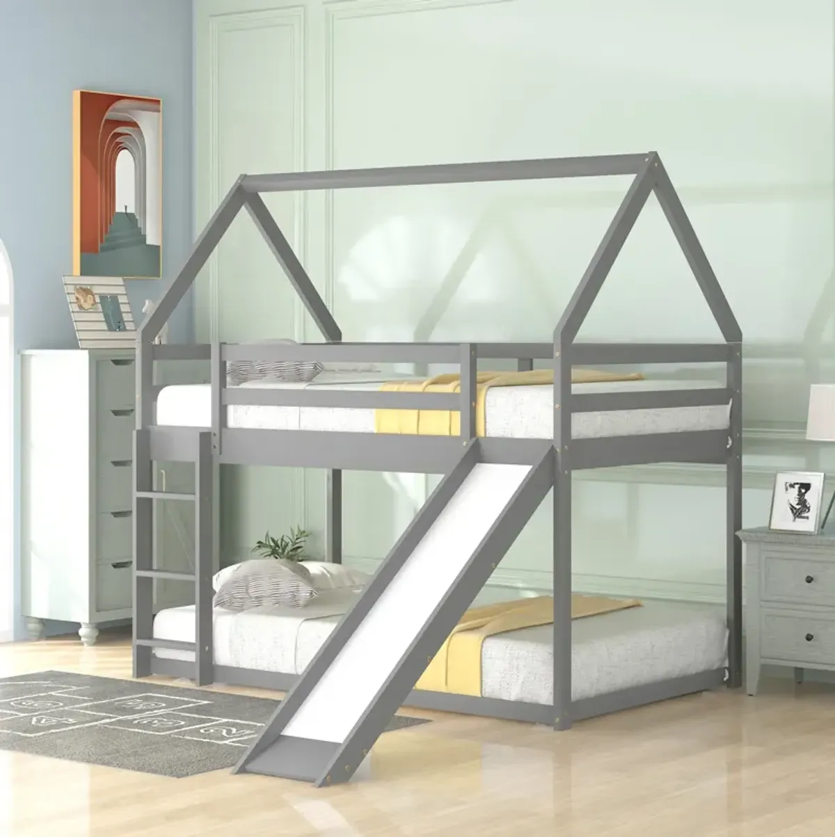 Twin Size Bunk House Bed with Slide and Ladder