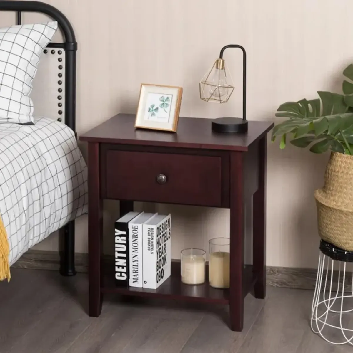 Nightstand with Drawer and Storage Shelf for Bedroom Living Room