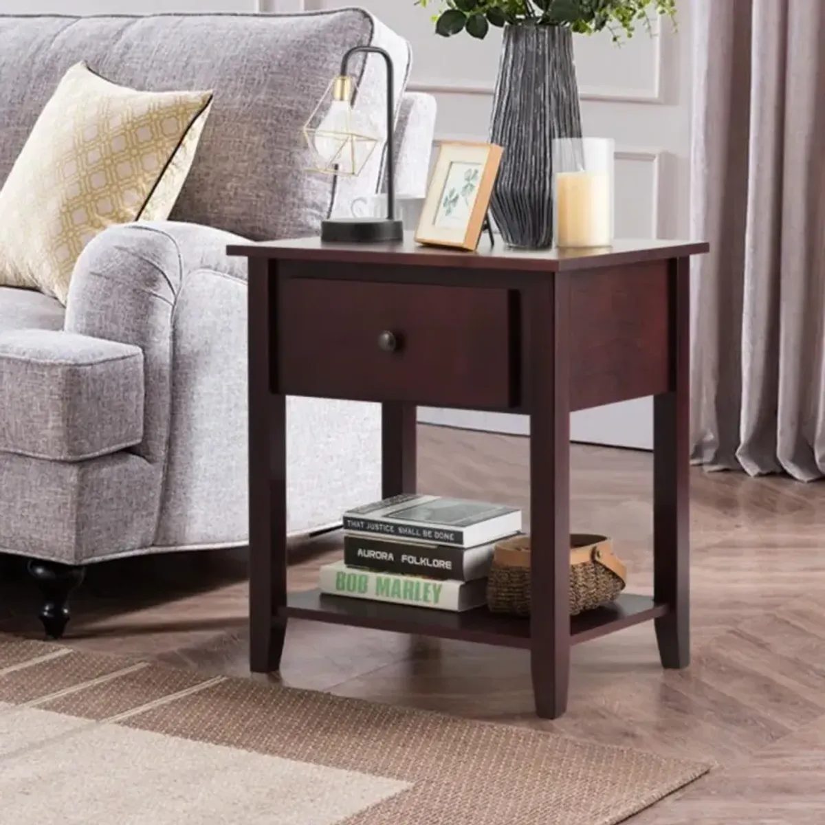 Nightstand with Drawer and Storage Shelf for Bedroom Living Room