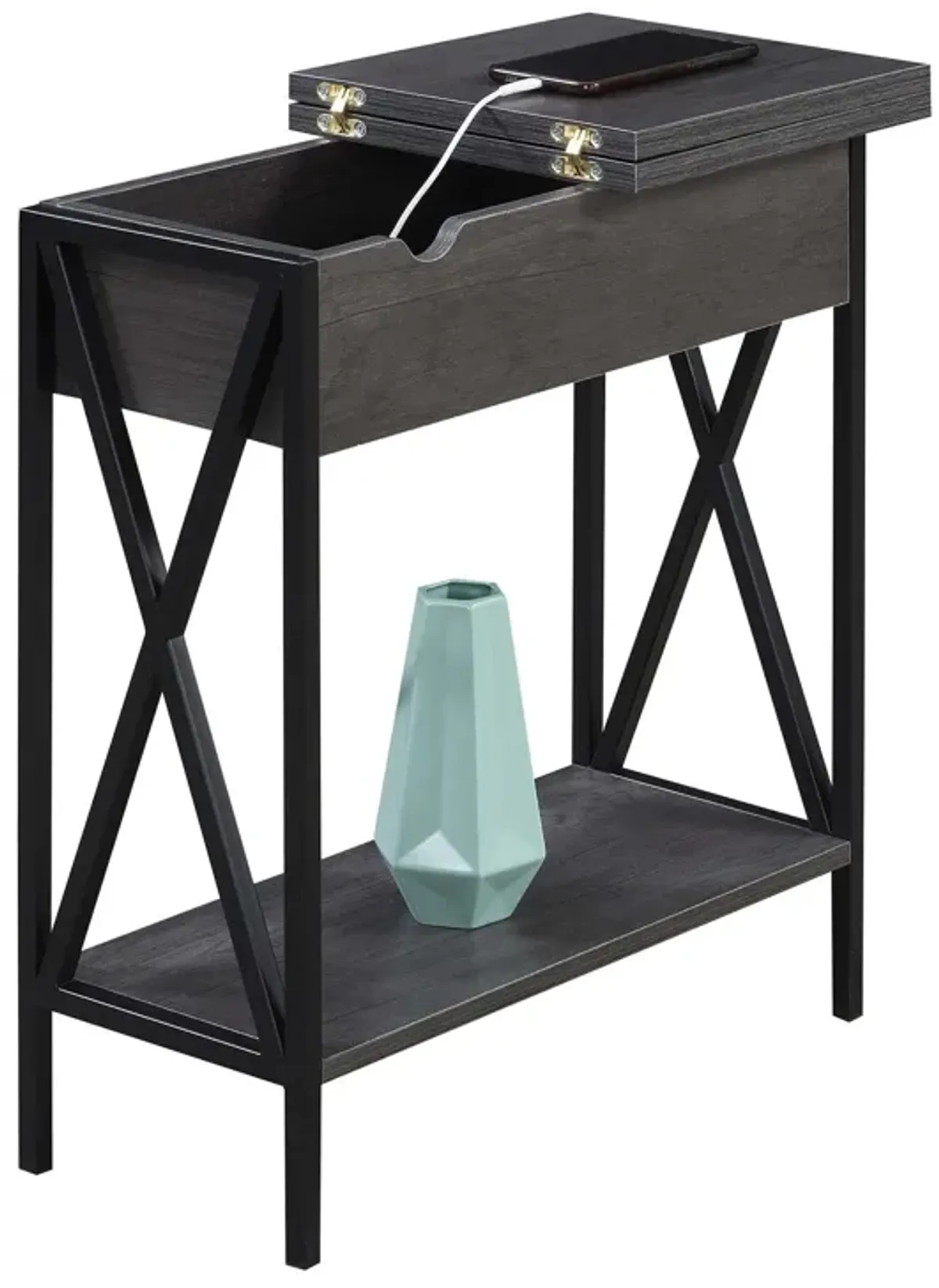 Convenience Concepts Tucson Flip Top End Table with Charging Station and Shelf, 23.75"L x 11.25"W x 24"H, Charcoal Gray/Black