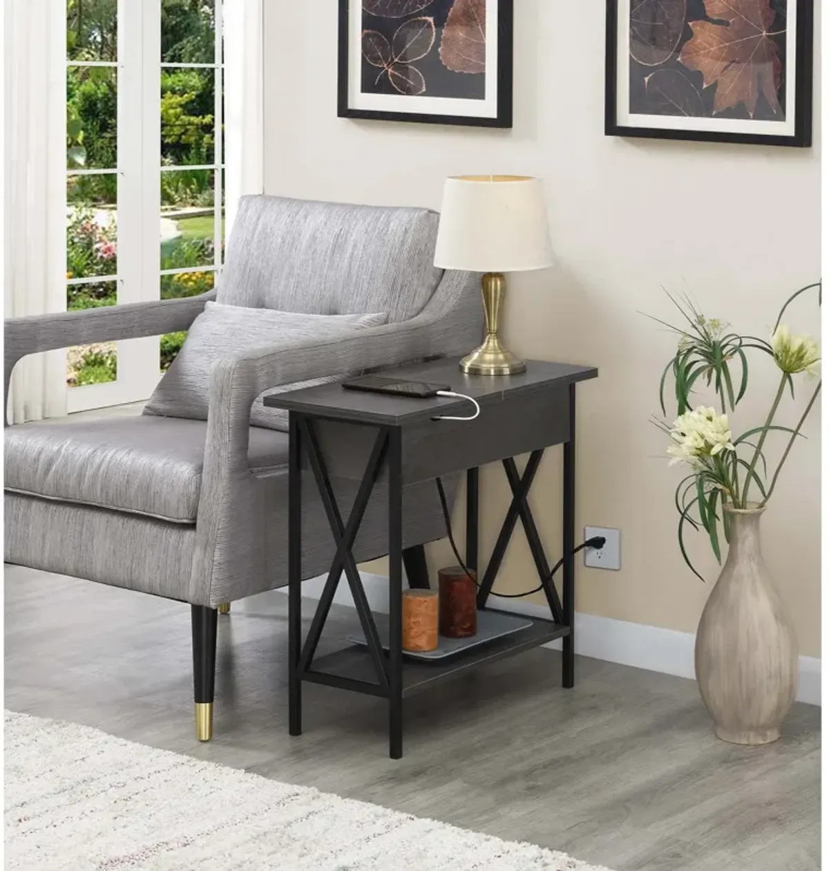 Convenience Concepts Tucson Flip Top End Table with Charging Station and Shelf, 23.75"L x 11.25"W x 24"H, Charcoal Gray/Black