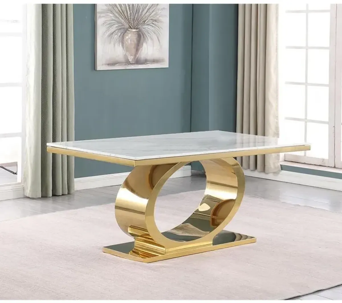 Best Quality Furniture Small 68 Rectangular marble top dining table with a gold color base