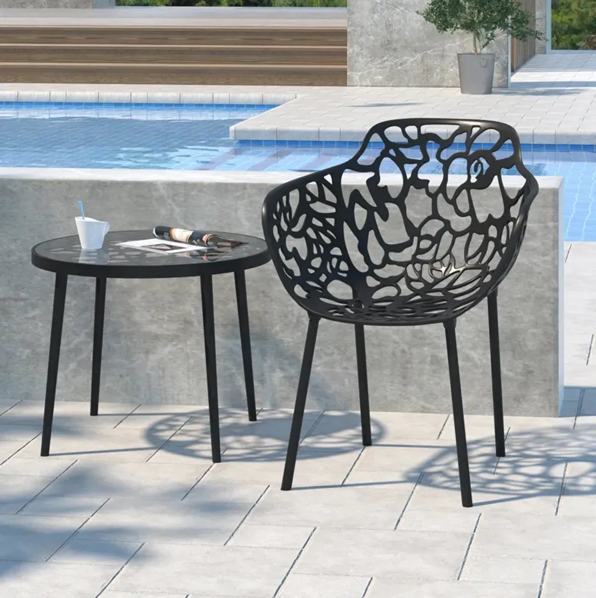 LeisureMod Devon Tree Design Glass Top Aluminum Base Outdoor End Table