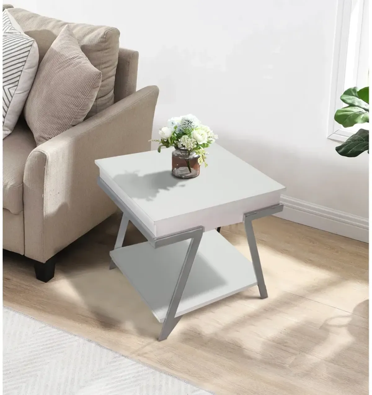 Casey 26 Inch End Table, Chrome Angled Metal Frame, Square Glossy White Top - Benzara