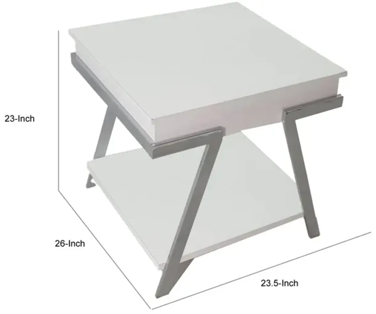 Casey 26 Inch End Table, Chrome Angled Metal Frame, Square Glossy White Top - Benzara