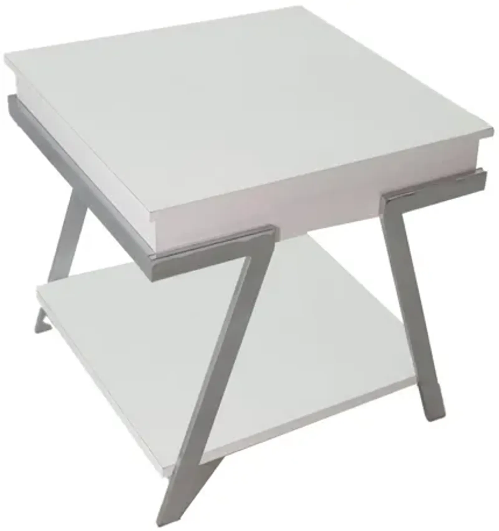 Casey 26 Inch End Table, Chrome Angled Metal Frame, Square Glossy White Top - Benzara