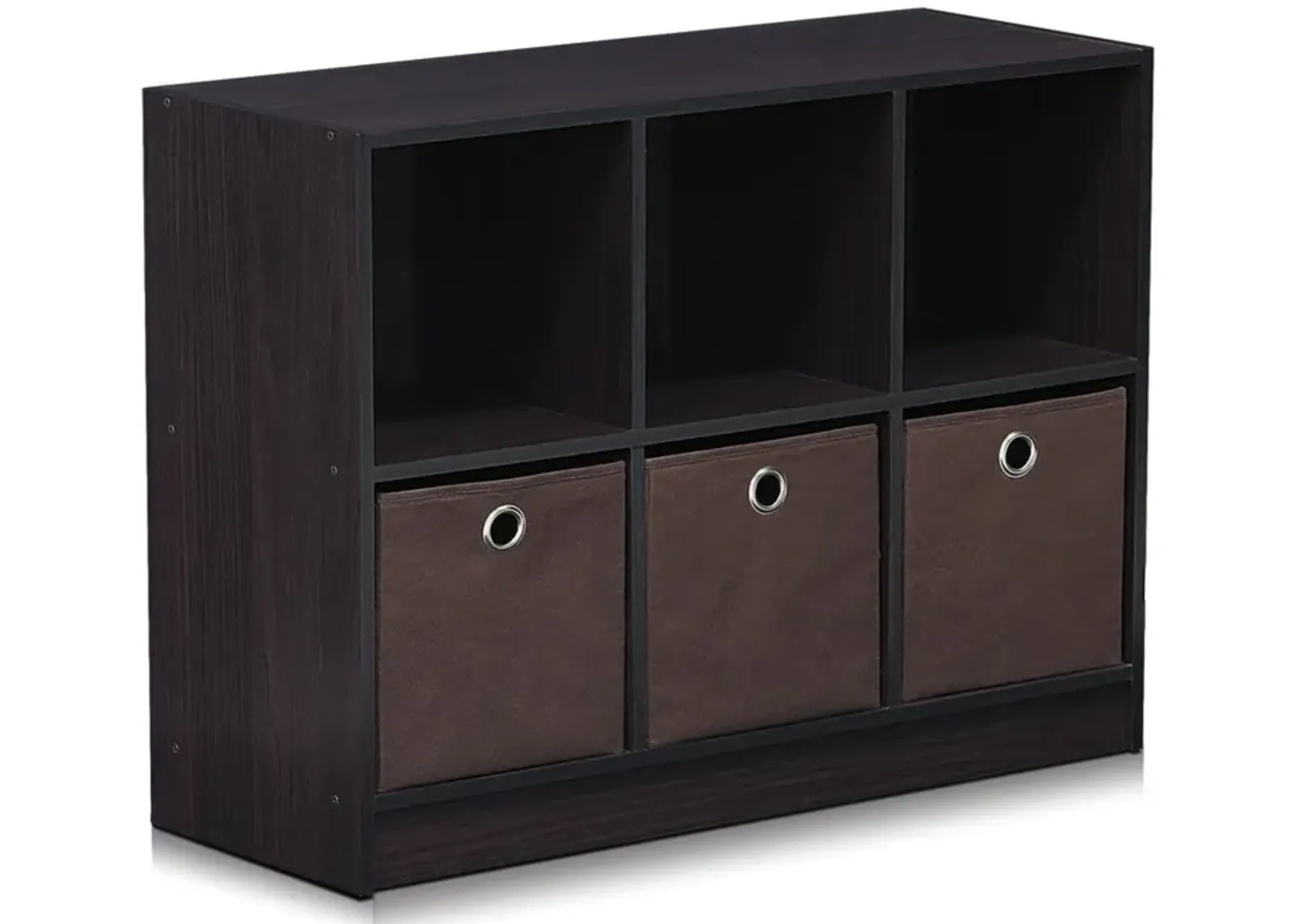 Furinno Basic 3x2 Cube Storage Bookcase Organizer with Bins, Dark Walnut