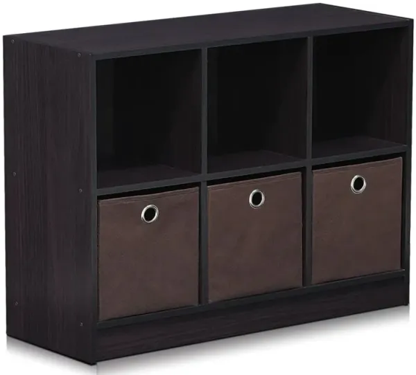Furinno Basic 3x2 Cube Storage Bookcase Organizer with Bins, Dark Walnut