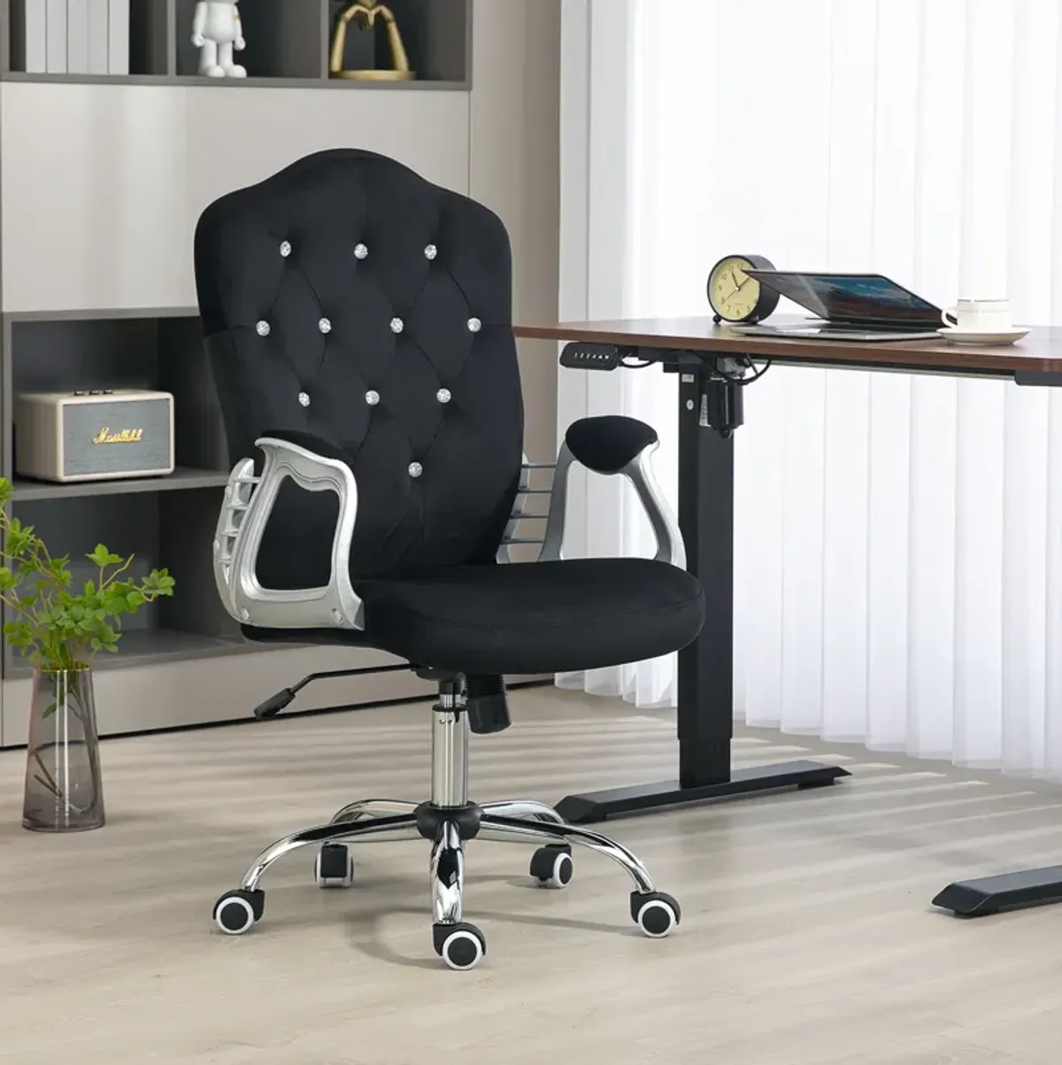 Vinsetto Home Office Chair, Velvet Computer Chair, Button Tufted Desk Chair with Swivel Wheels, Adjustable Height, and Tilt Function, Black