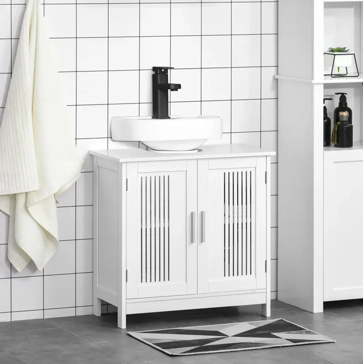 White Vanity Organizer: Under Sink Storage Cabinet with 2 Doors