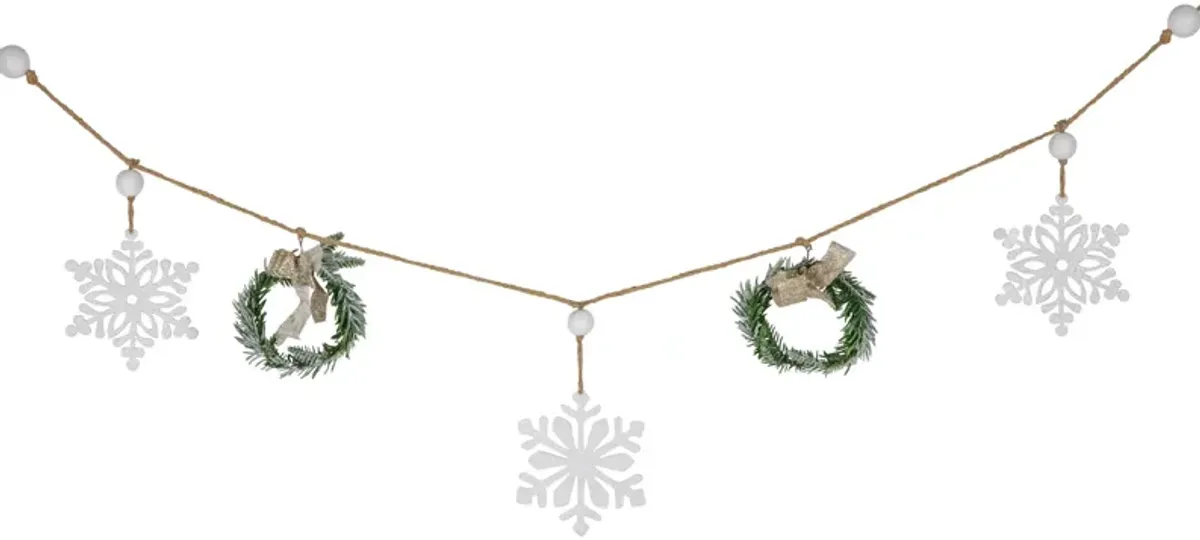 4.75" Snowflake and Frosted Pine Christmas Garland with Wooden Beads - Unlit