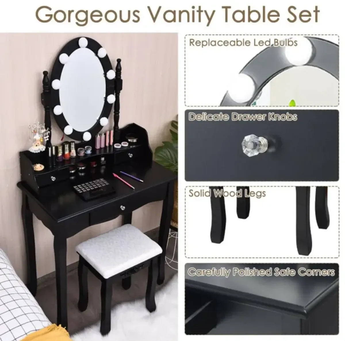 Hivvago Oval Mirror Vanity Set  with 10 LED Dimmable Bulbs and 3 Drawers