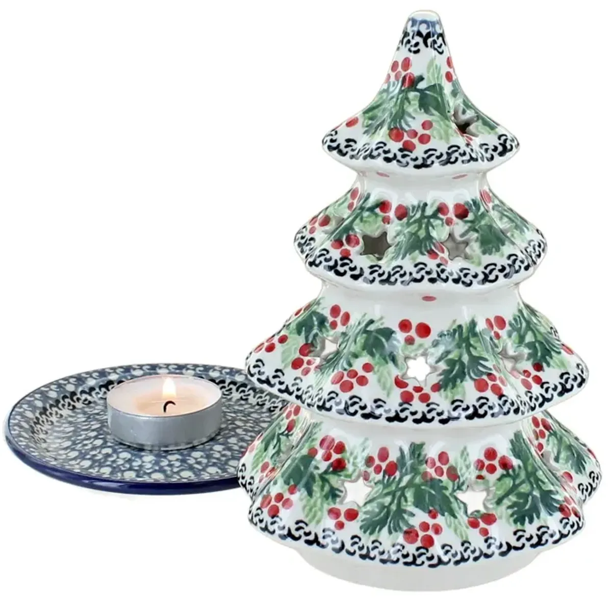 Blue Rose Polish Pottery Holiday Flower Medium Christmas Tree Luminary