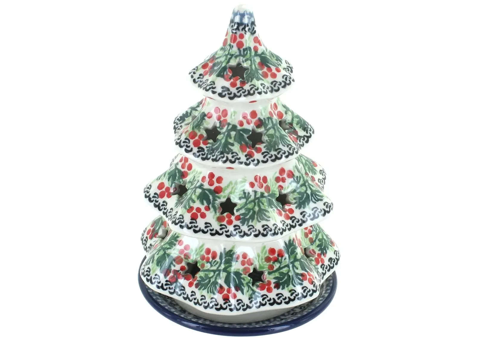 Blue Rose Polish Pottery Holiday Flower Medium Christmas Tree Luminary