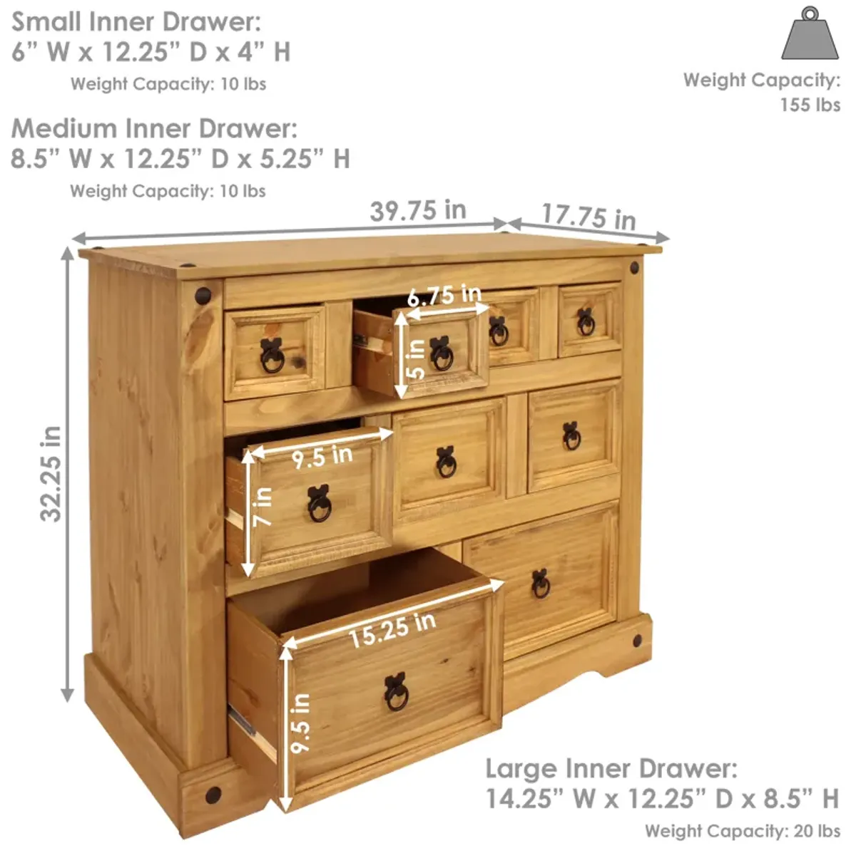 Sunnydaze 9-Drawer Solid Pine Chest - Light Brown - 39.75 in