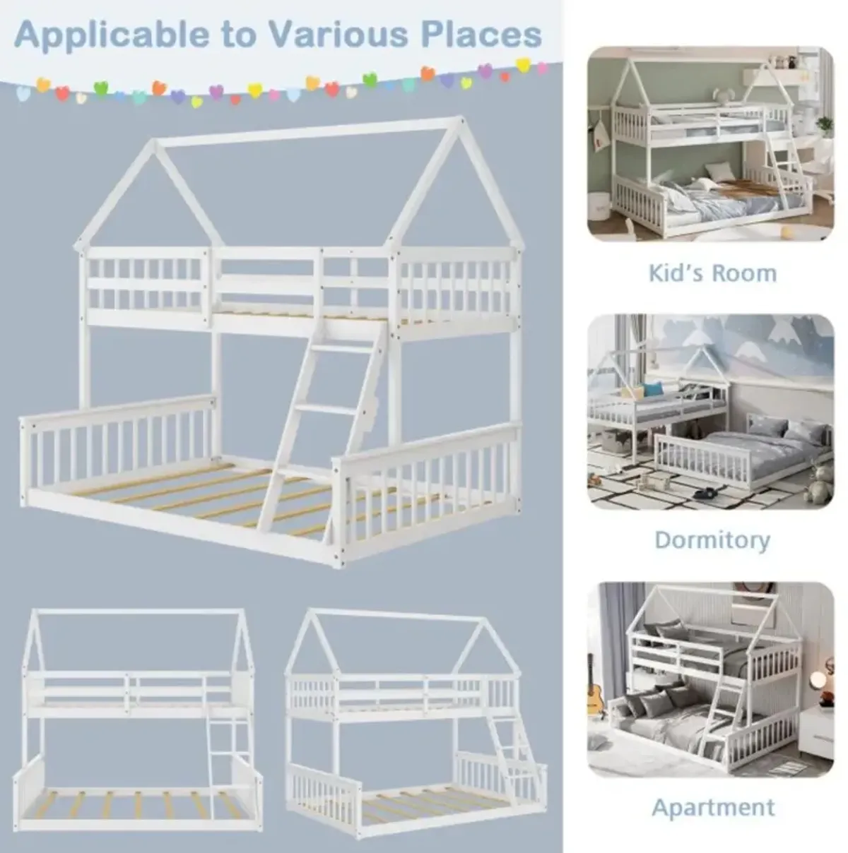 Hivvago Twin Over Full House Bunk Bed with Ladder and Guardrails-White