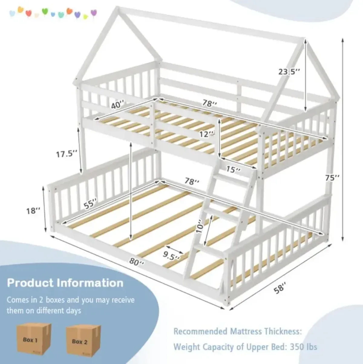 Hivvago Twin Over Full House Bunk Bed with Ladder and Guardrails-White