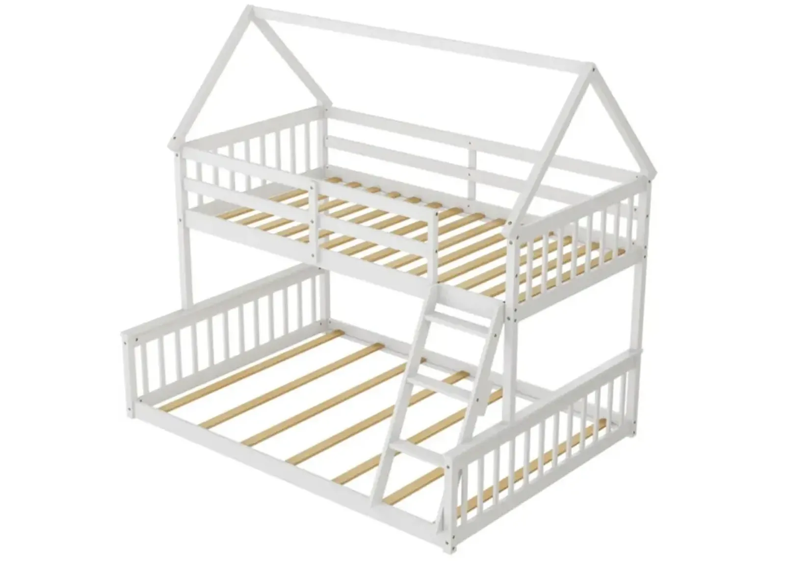 Hivvago Twin Over Full House Bunk Bed with Ladder and Guardrails-White