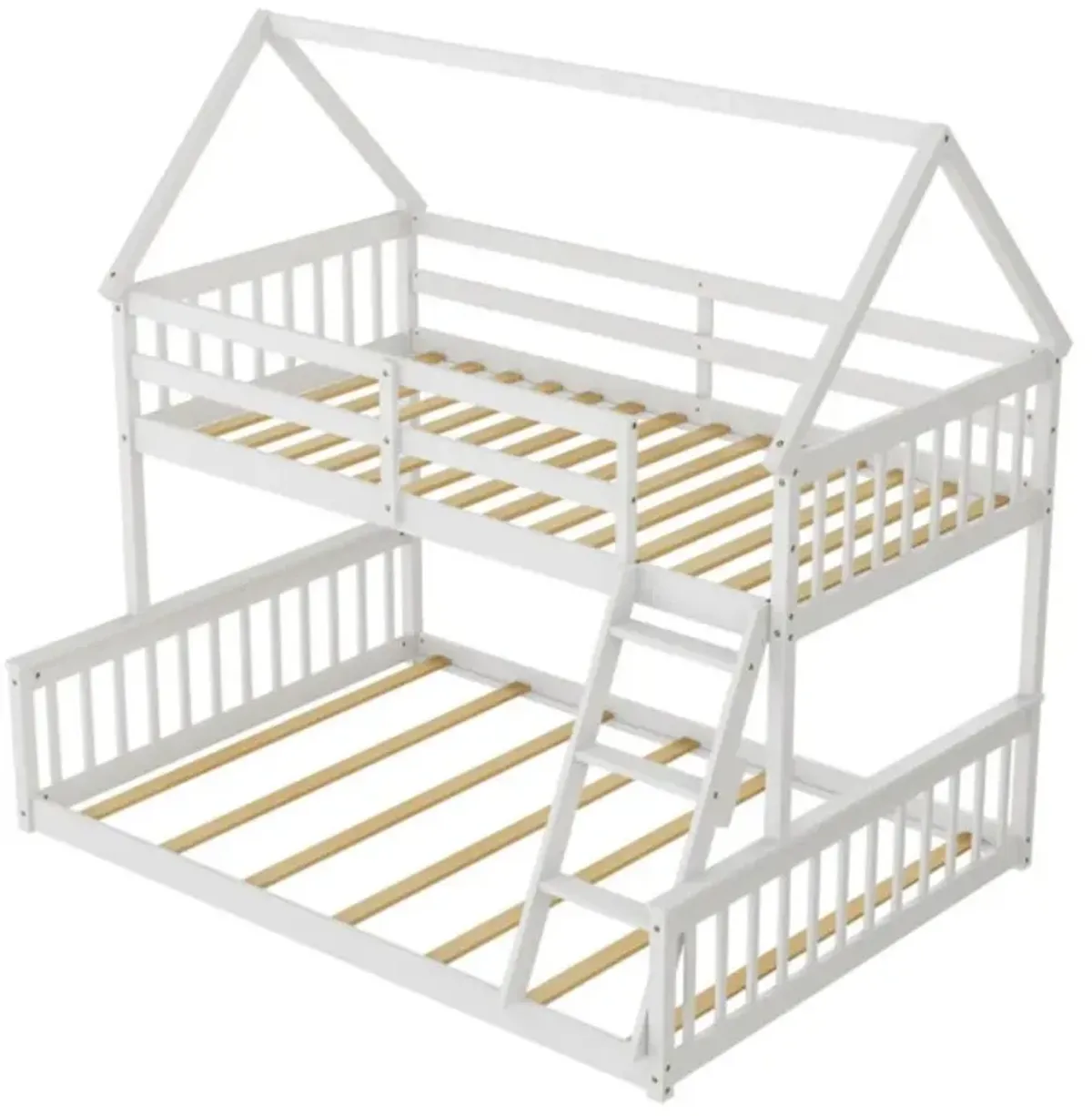 Hivvago Twin Over Full House Bunk Bed with Ladder and Guardrails-White