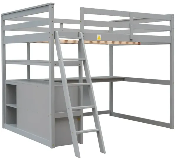 Whisen Full Size Wood Loft Bed with Desk, Shelves and Two Built-in Drawers - Gray