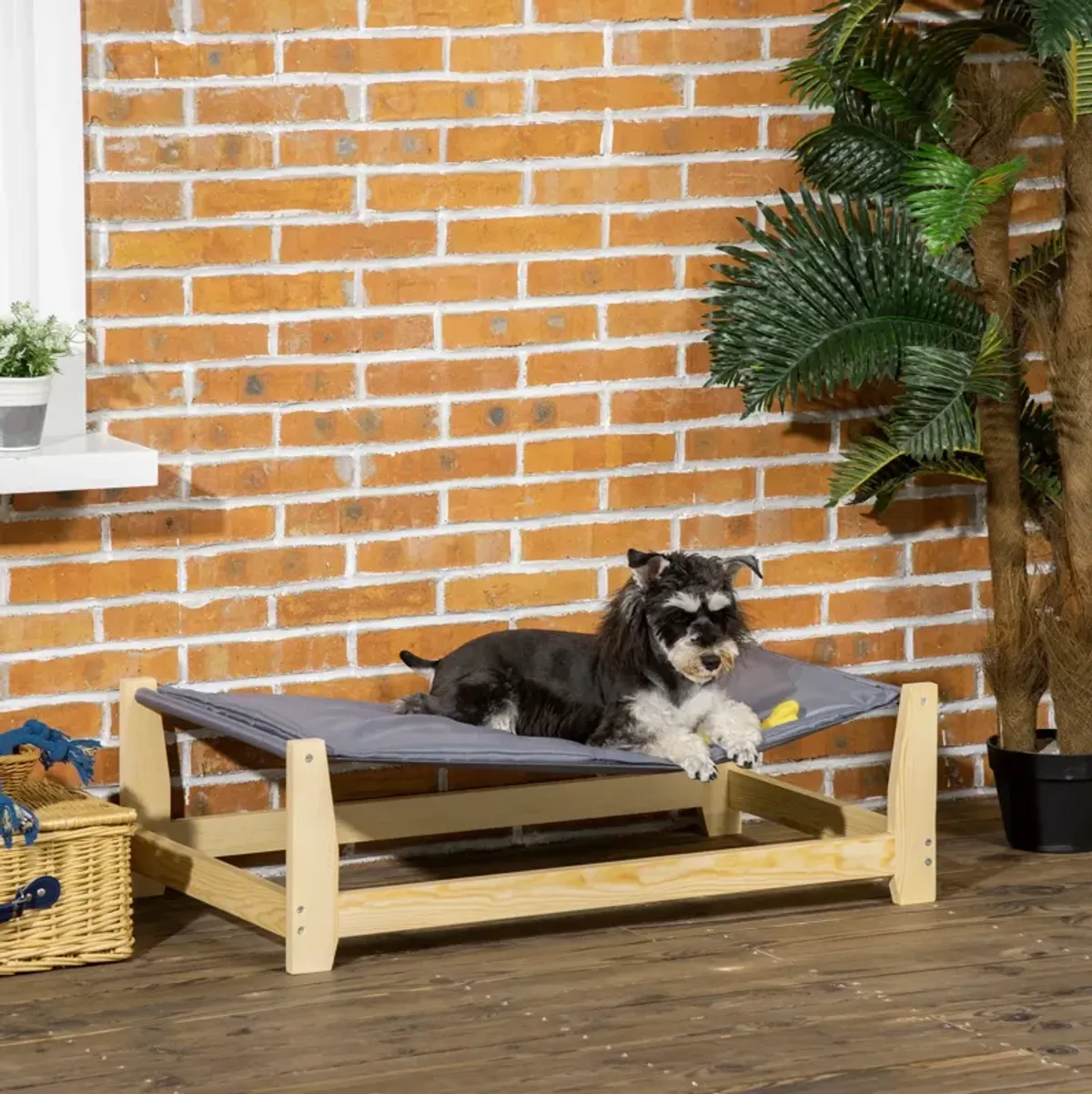 Wooden Pet Lounger: Raised Dog Cot with Cushion for Indoor/Outdoor