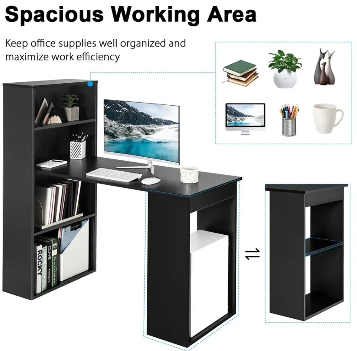 Costway Computer Desk Writing  Workstation Office w/6-Tier Storage Shelves Black