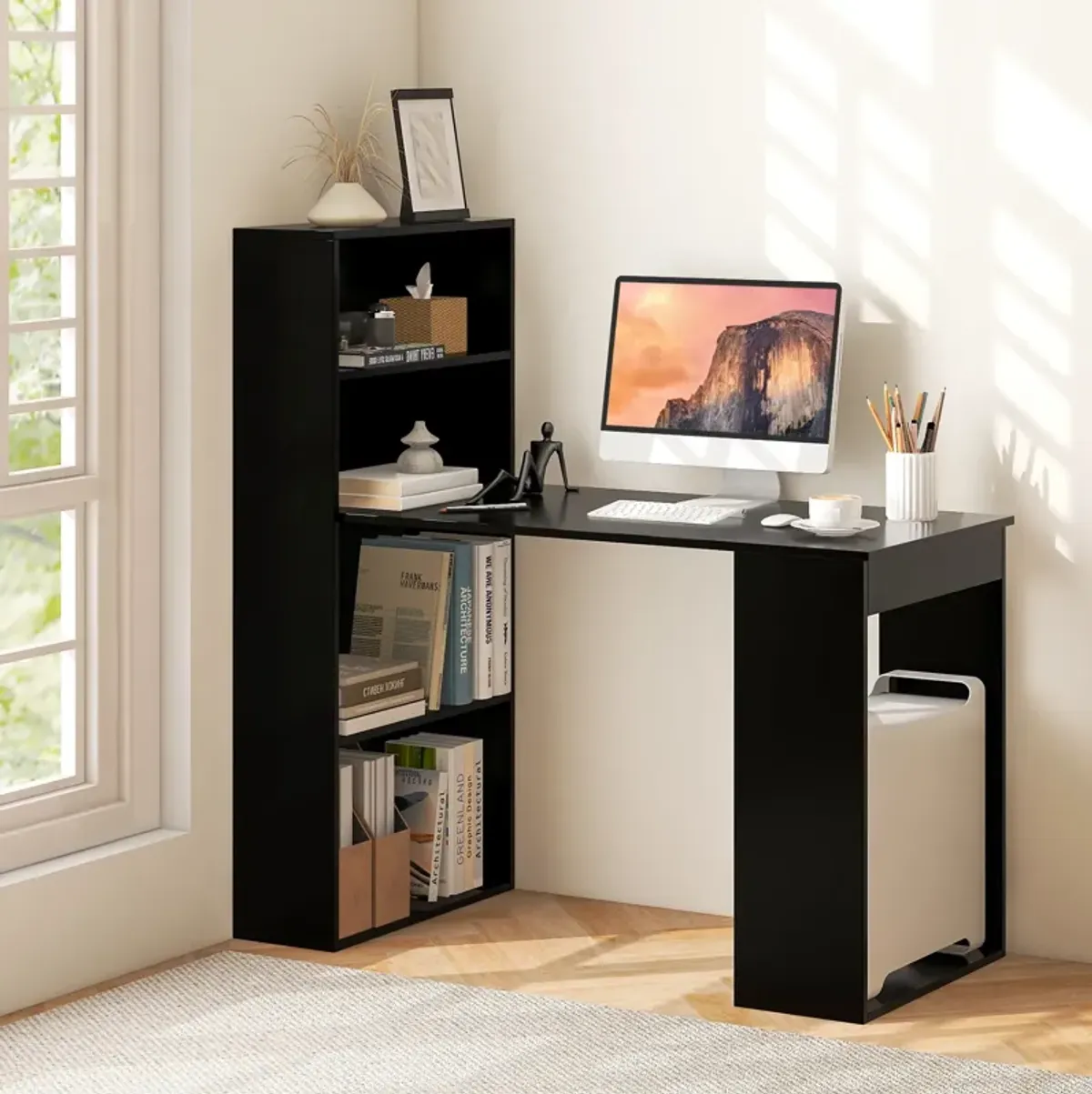 Costway Computer Desk Writing  Workstation Office w/6-Tier Storage Shelves Black