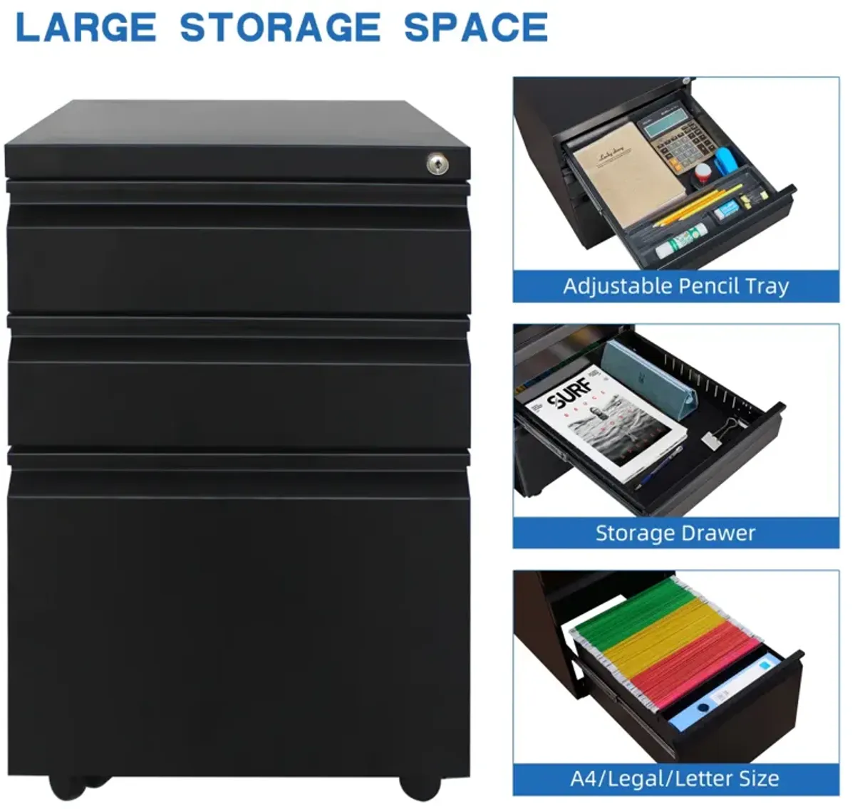 Locking 3-Drawer Mobile File Cabinet on Wheels