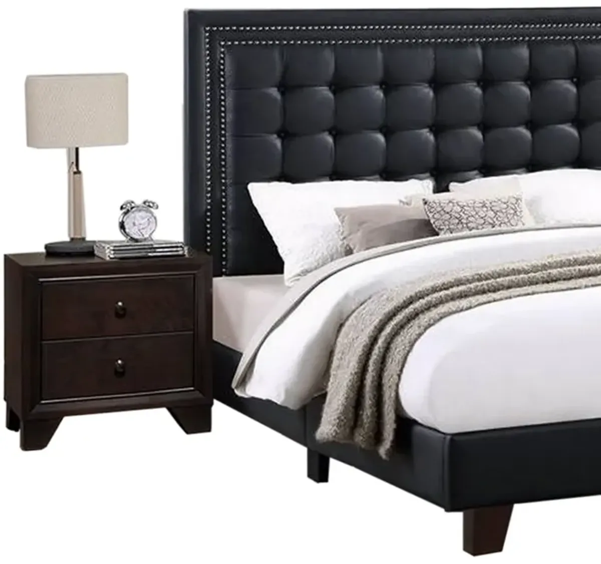Vea Platform California King Bed, Tufted Upholstery, Black Faux Leather - Benzara
