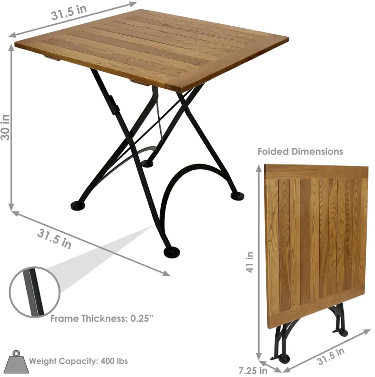 Sunnydaze 31.5 in European Chestnut Wood Folding Square Patio Bistro Table