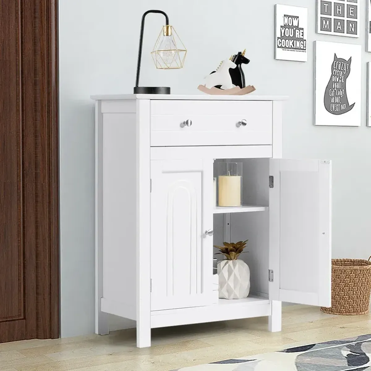 Costway Bathroom Storage Cabinet Free Standing Large Drawer W/Adjustable Shelf White