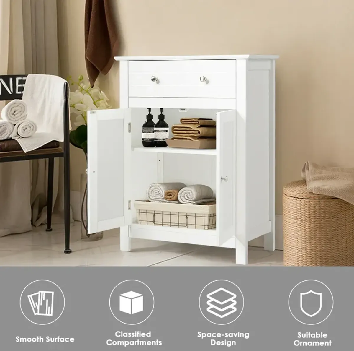 Costway Bathroom Storage Cabinet Free Standing Large Drawer W/Adjustable Shelf White