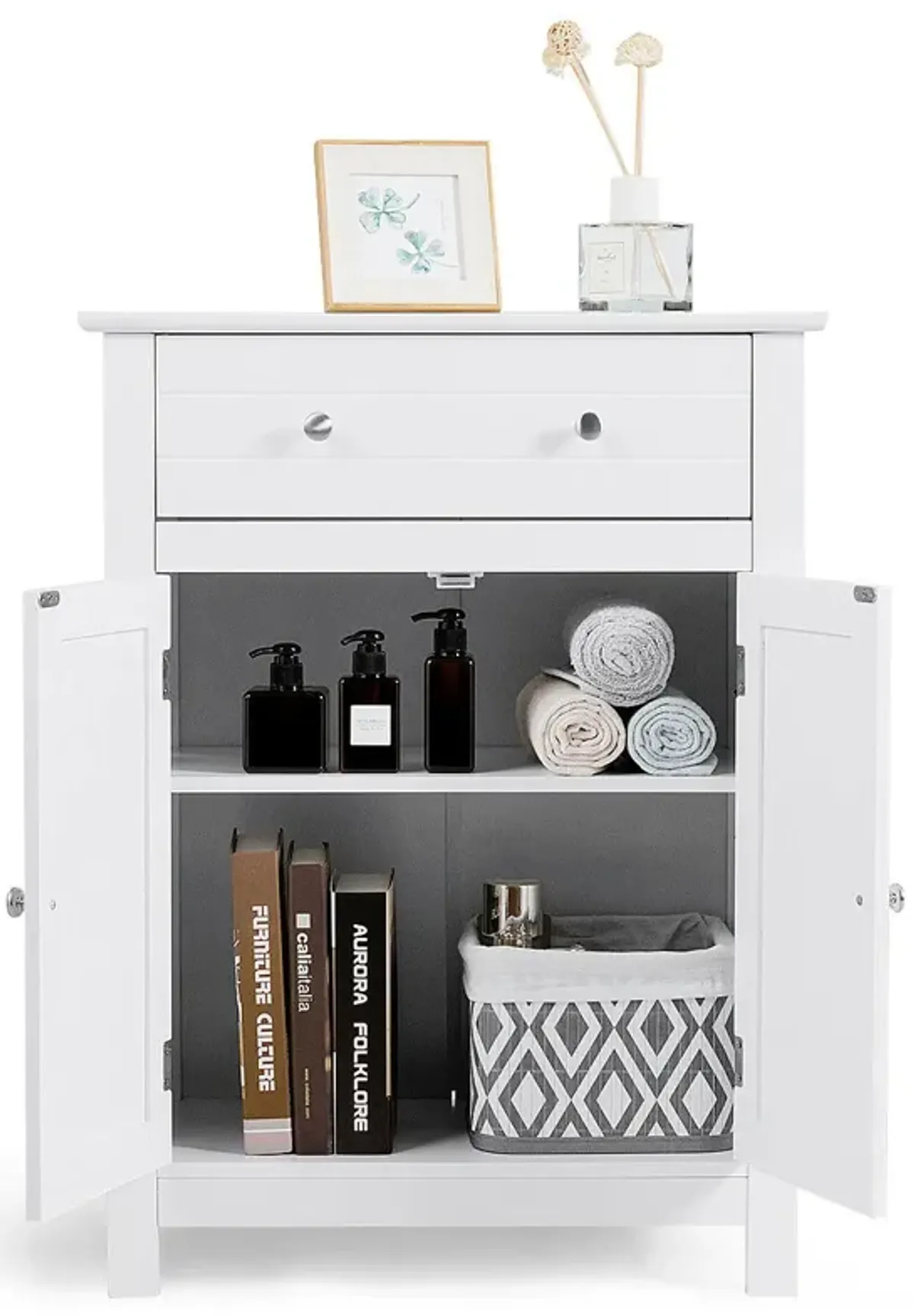 Costway Bathroom Storage Cabinet Free Standing Large Drawer W/Adjustable Shelf White