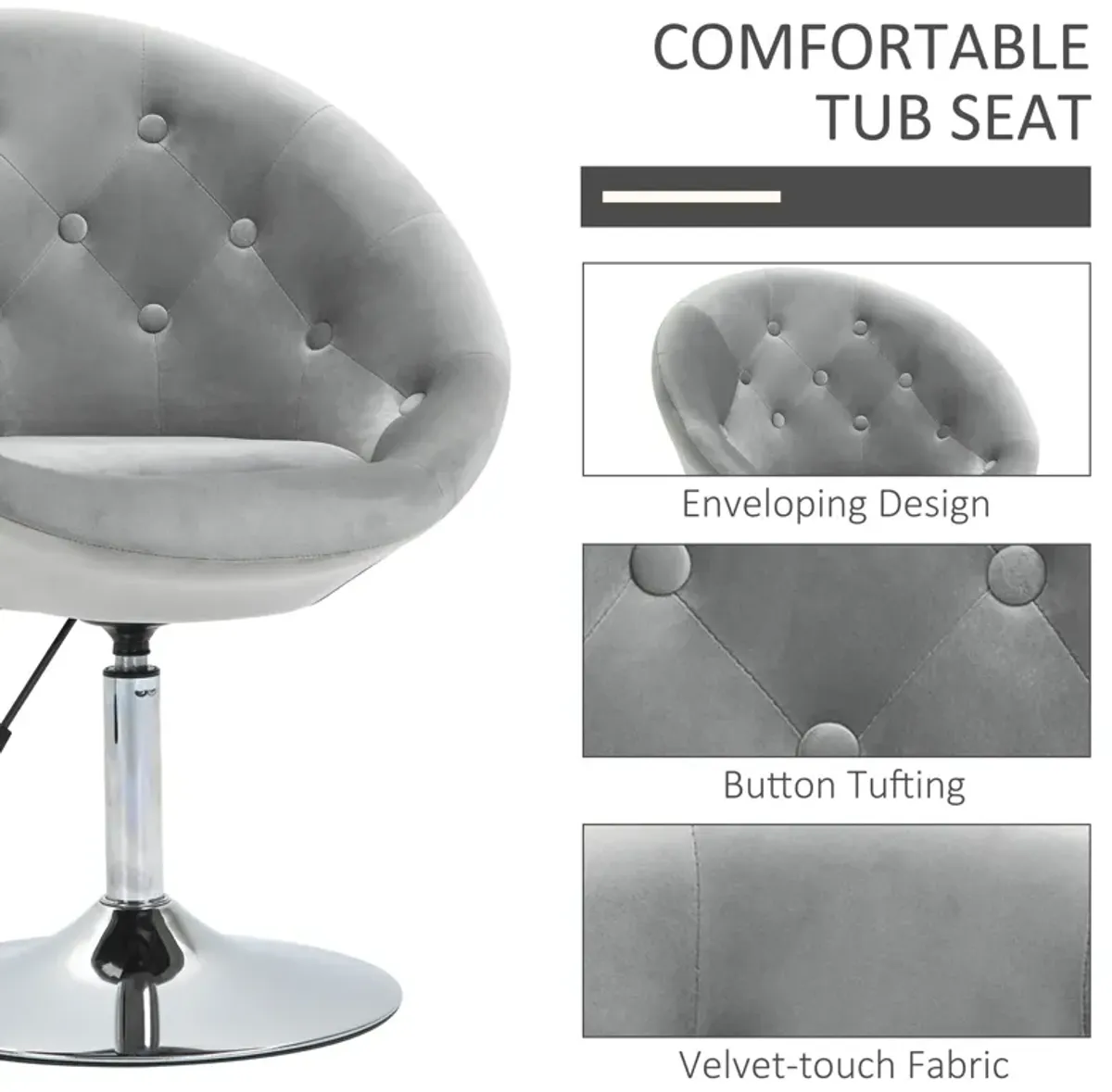 Gray Vanity Seat: Modern Tufted Swivel Chair with Chrome Frame