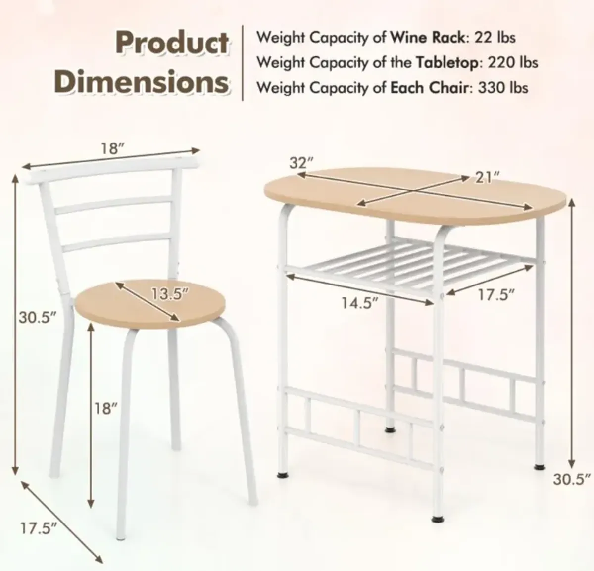 Hivvago 3-Piece Space-Saving Bistro Set for Kitchen and Apartment