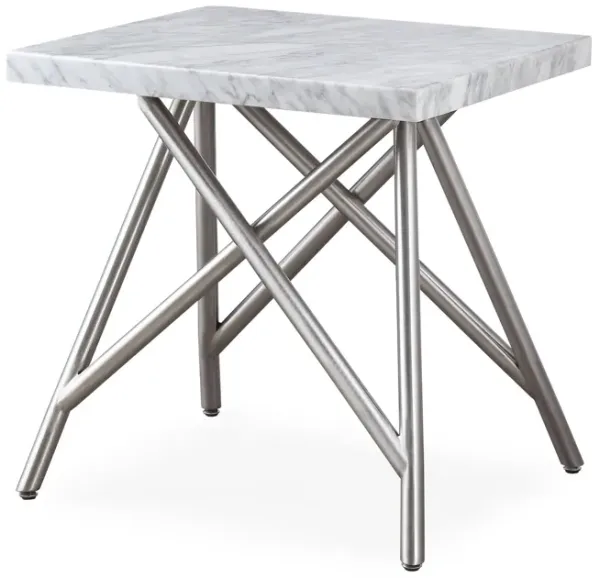 Benjara Cloe 23 Inch Side End Table, Marble Top, Geometric Angled Steel Base, White and Silver