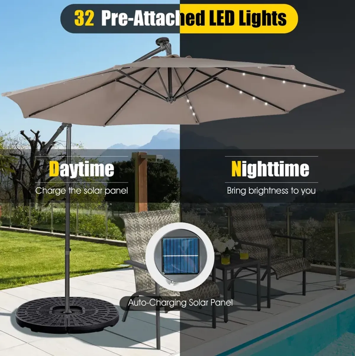 10 Feet Patio Solar Powered Cantilever Umbrella with Tilting System