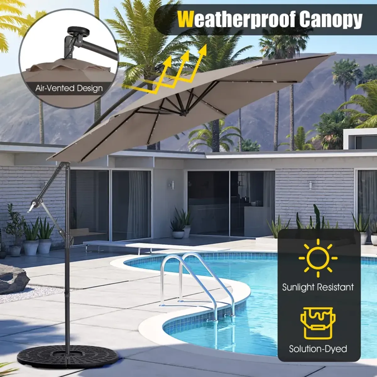 10 Feet Patio Solar Powered Cantilever Umbrella with Tilting System