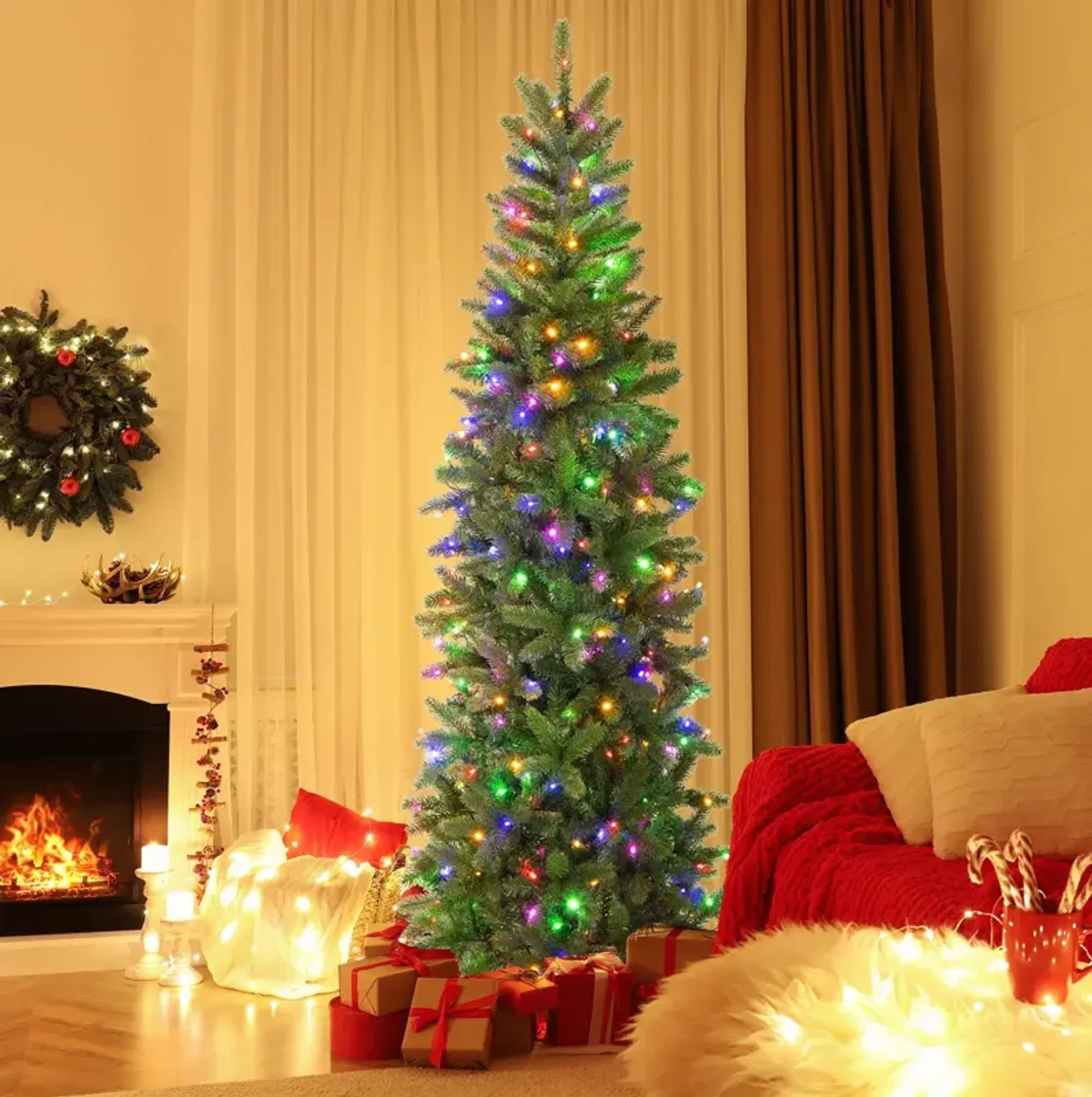 7.5 Feet Pre-lit Full Artificial Christmas Tree with Warm White and Multi-color LED Lights