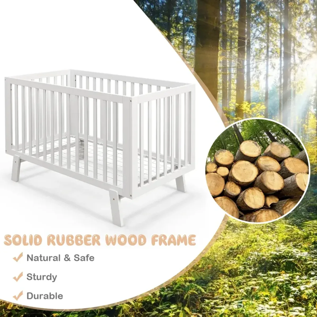 Rubber Wood Baby Crib with Adjustable Mattress Heights and Guardrails-White