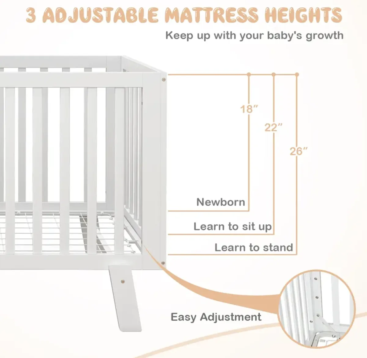 Rubber Wood Baby Crib with Adjustable Mattress Heights and Guardrails-White