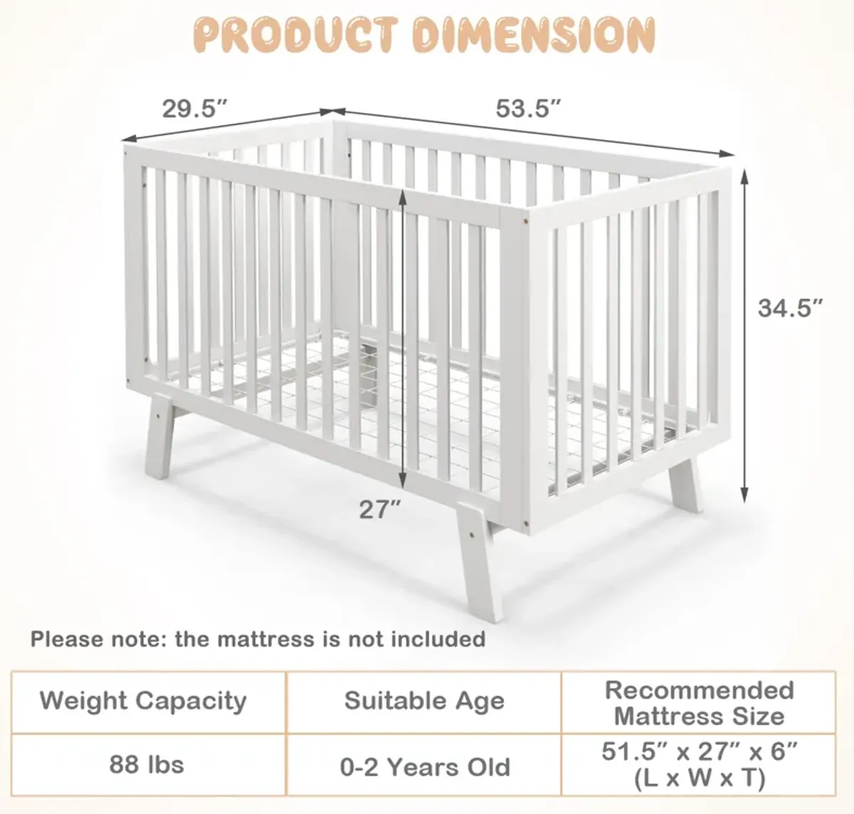 Rubber Wood Baby Crib with Adjustable Mattress Heights and Guardrails-White