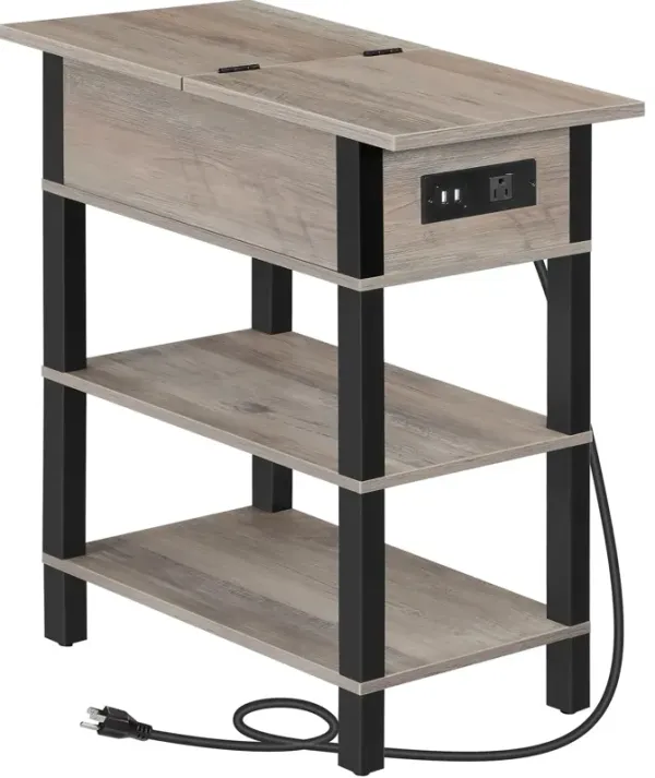 HOOBRO End Table with Charging Station, Flip Top Side Table with USB Ports, Narrow Nightstand Bedside Tables with Storage Shelve