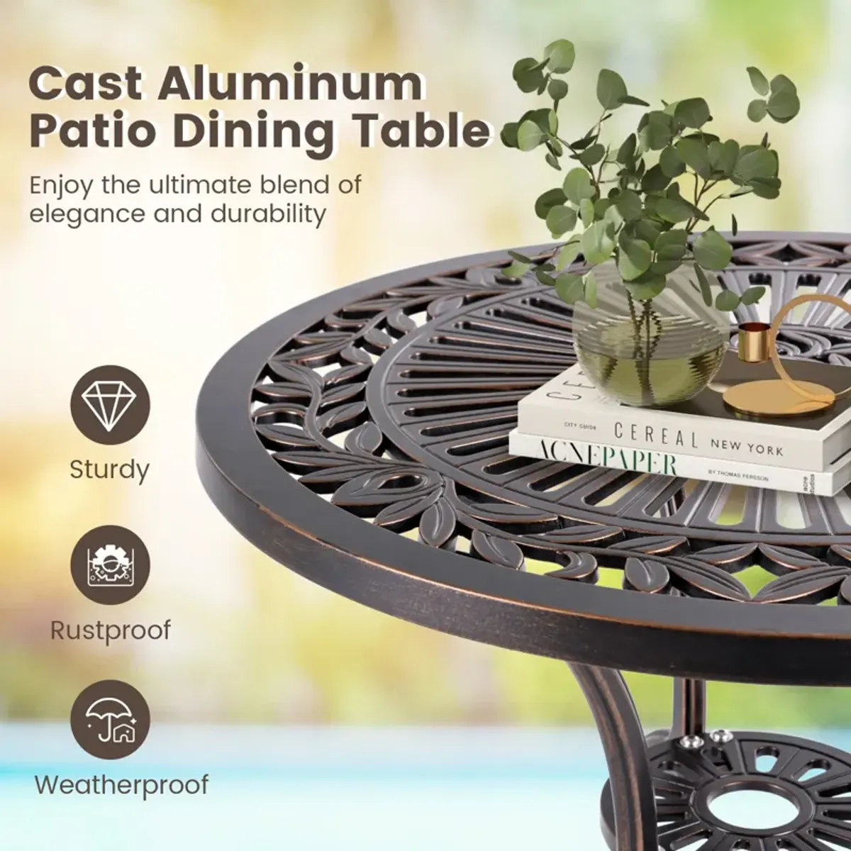 24 Inch Round Cast Aluminum Table Patio Dining Bistro Table with 2 Inch Umbrella Hole-Copper